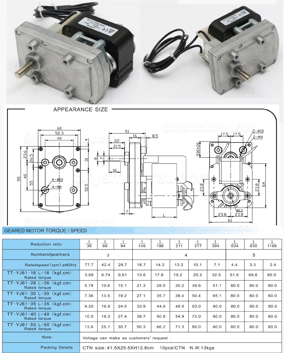 110/220V Shade Pole Gearmotor TT-YJ61 with Ratio 36:1 - 1161:1 Spur Gearbox
